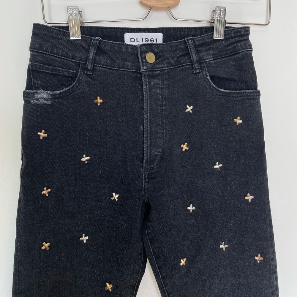 DL1961 Bella Embellished Vintage Slim Jeans in Savannah Studded Cross X Black - Picture 10 of 14